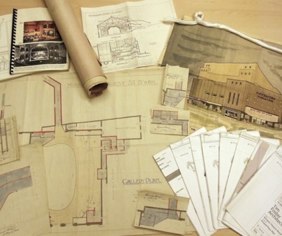 Selection of archive documents including floor plans and architectural drawings