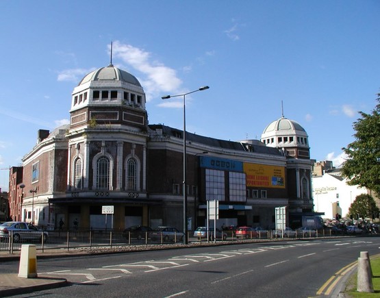 The exterior of Bradford Odeon with its two towers flanking the middle entrance doors.