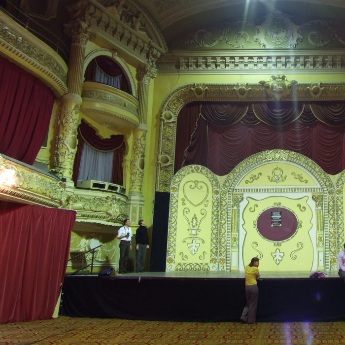 A view of the proscenium arch and stage at Blackpool Winter Garden Pavilion.