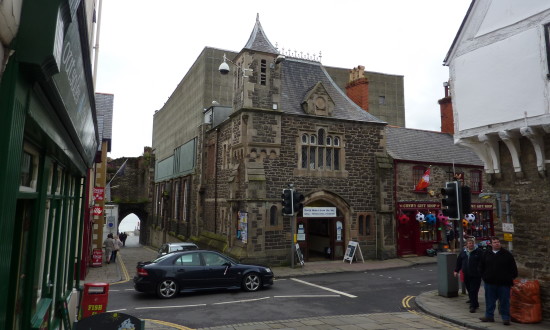 Conwy Civic Hall streetscape, showing it situated at a crossroads.