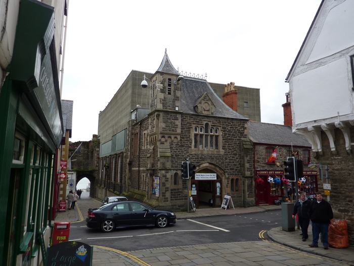 Conwy Civic Hall streetscape, showing it situated at a crossroads.