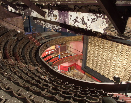 A view across the dilapidated-looking auditorium of Theatre Royal Hyde.