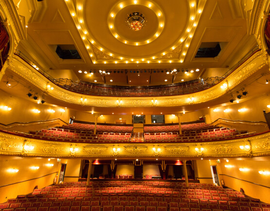 Auditorium of the Darlington Hippodrome viewed from the stage, showing three levels of seats and ornate plasterwork balconies and ceiling
