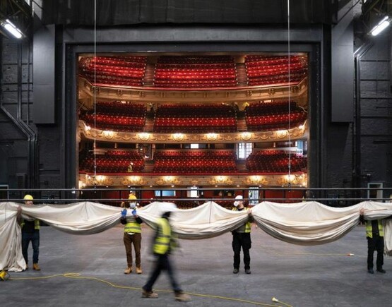 View from the back of the stage out into the auditorium, as it undergoes refurbishment.
