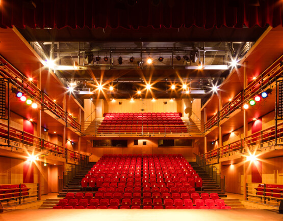 The auditoriu viewed from the stage of The Courtyard. The auditorium has two levels of slips and oone balcony. The seats are red. 