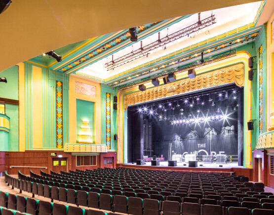 The auditorium of Stockton Globe, from the stalls to the stage.