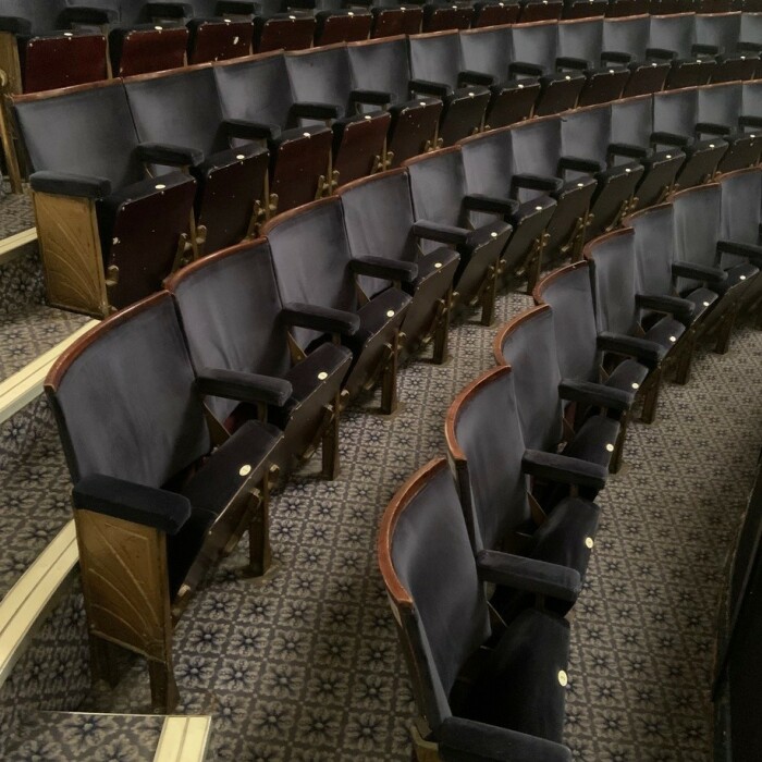 Blue fabric seats with dark brown timber frames in the Ambassadors Theatre auditorium. 