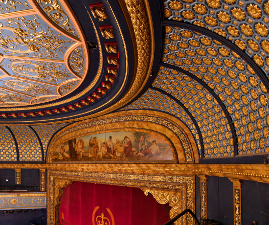 Circular panelled ceiling and richly ornamented coves in the auditorium of the Royal Lyceum Theatre.