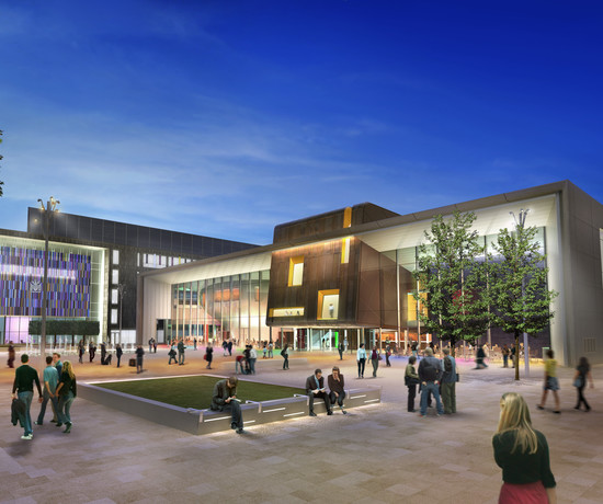 Architect's impression of a modern theatre building with a busy outdoor square in front of it.