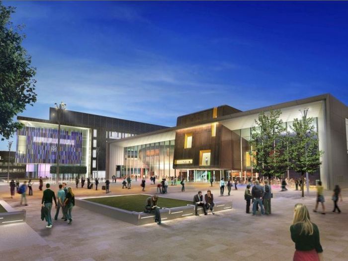 Visualisation of large modern theatre building with a busy square outside