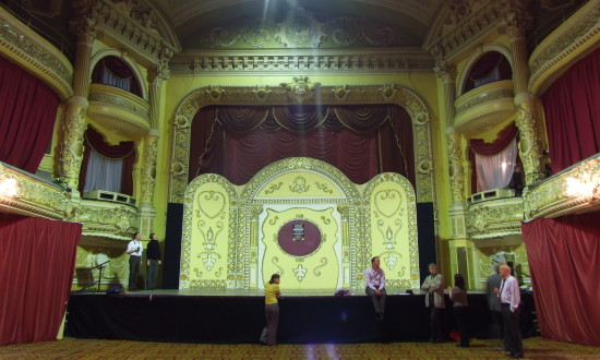 A view of the proscenium arch and stage at Blackpool Winter Garden Pavilion.