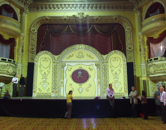 A view of the proscenium arch and stage at Blackpool Winter Garden Pavilion.