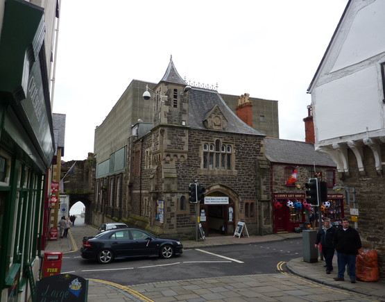 Conwy Civic Hall streetscape, showing it situated at a crossroads.