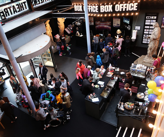 Busy box office and foyer bar area of Citizens Theatre, viewed from above