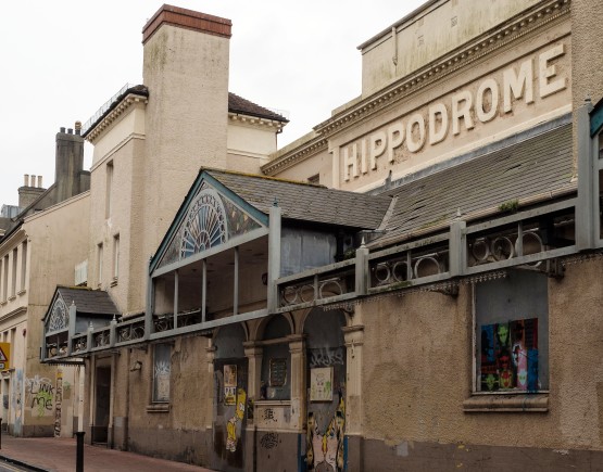 The graffitied entrance of Brighton Hippodrome.