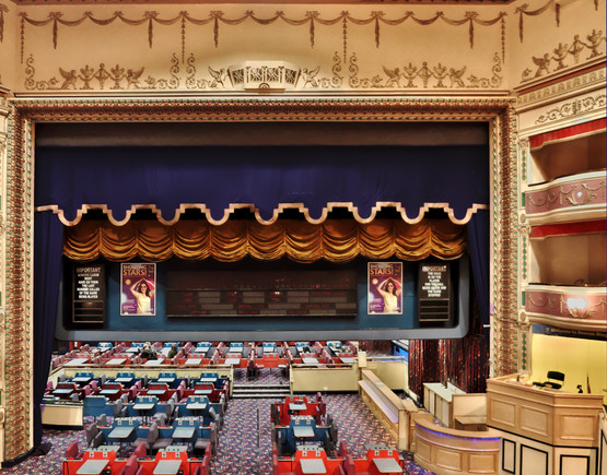 A view of the stage and proscenium at Streatham Hill Theatre, a Theatre at Risk. 