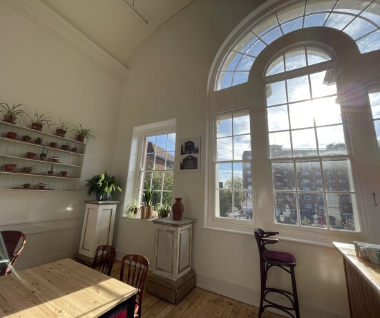 A view from the bar on the upper floor out of the recently restored window at Groundlings Theatre.