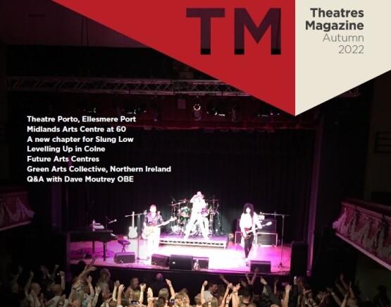 Cover of the autumn edition of Theatres Magazine, featuring an image of The Drifters band playing on stage at The Muni in Colne. 