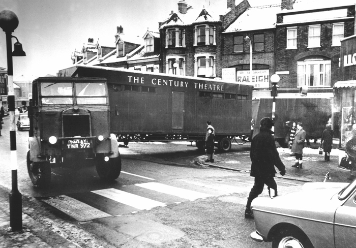 Historic image of touring theatre trailers