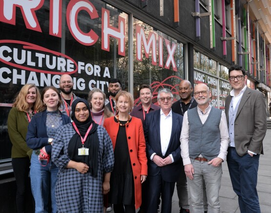 Grant recipients Rich Mix posing with Theatres Trust Director Jon Morgan and Small Grants Programme funders The Linbury Trust's Stuart Hobley and Charles Holloway.