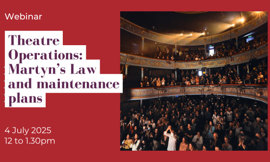 Image of an audience in the Royal Lyceum theatre with the text 'Webinar, Theatre Operations: Martyn's Law and maintenance plans, 4 July 2025 12 to 1.30pm'