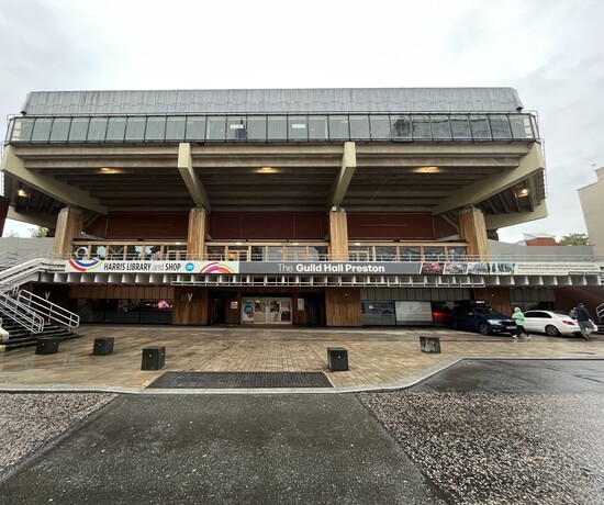 Exterior of Preston Guildhall, a large concrete complex